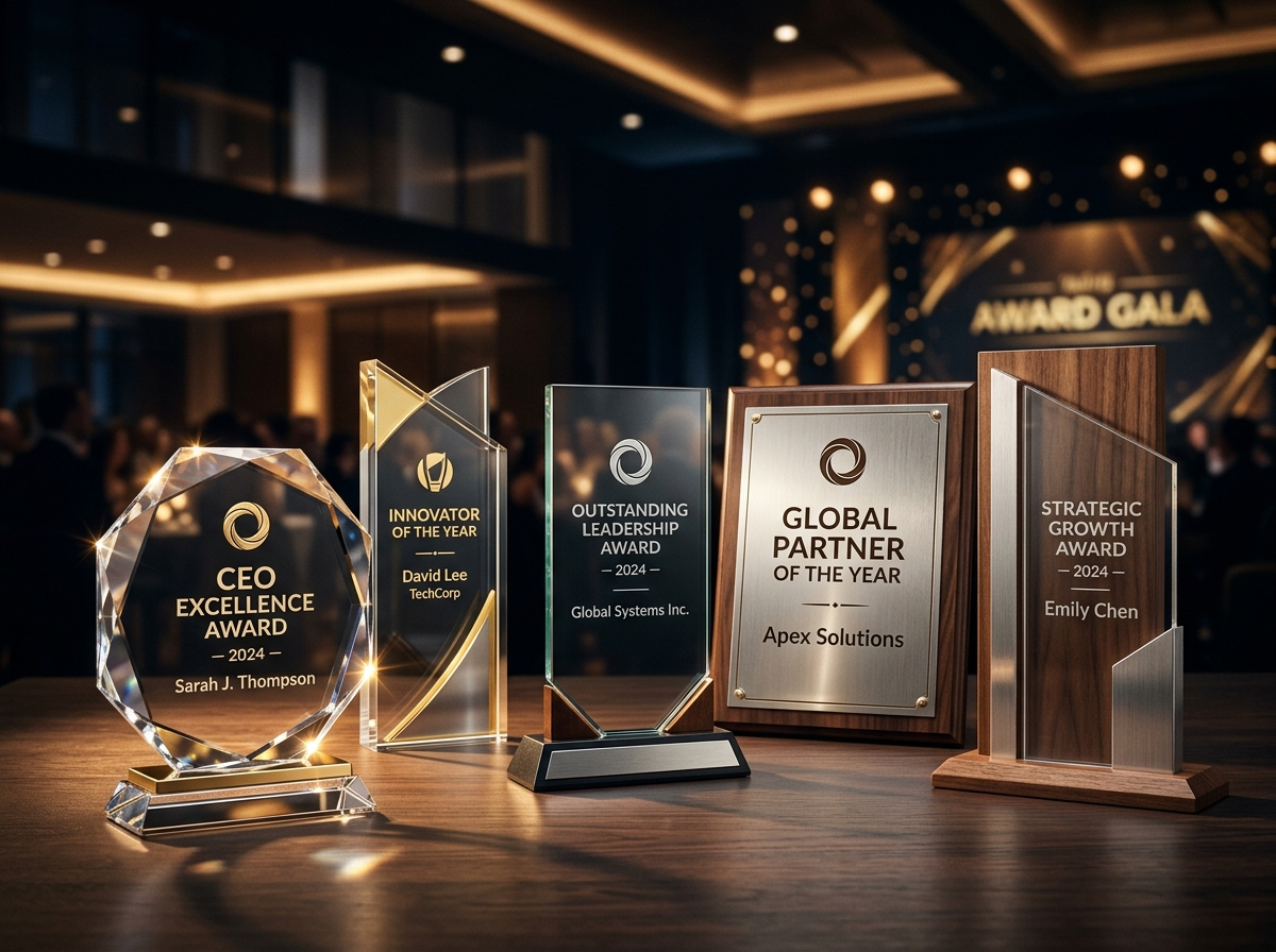 Elegant crystal and metal award trophies in Chennai HQ showroom